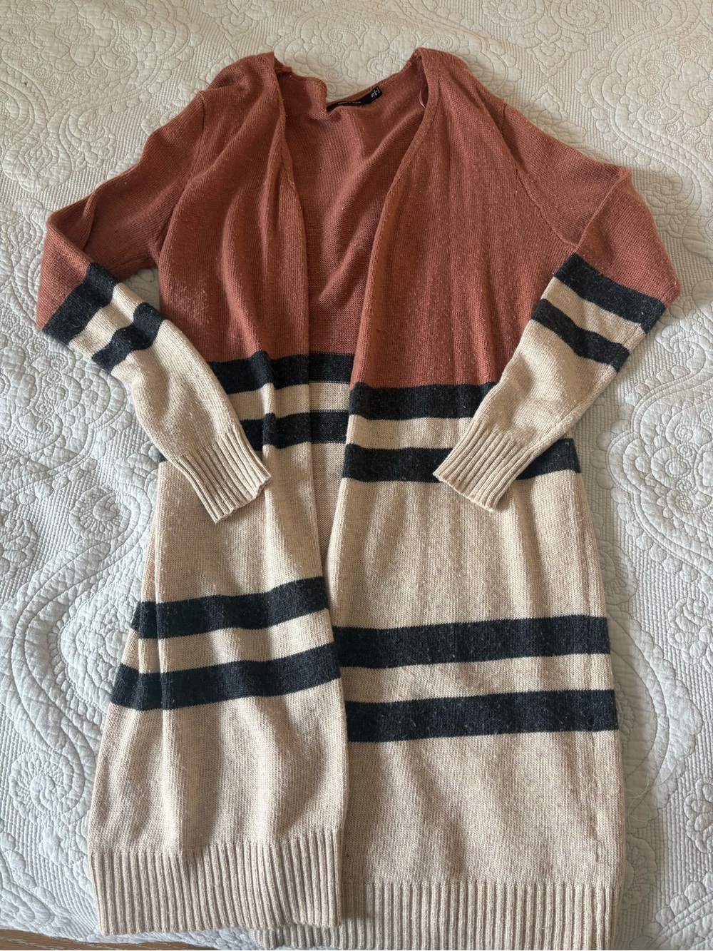 Doe & Rae Open-Front Striped Cardigan in Rust & Cream Small